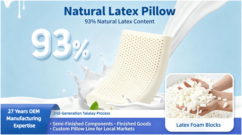 Lapll natural latex pillow, 93% natural latex content, Talalay process, breathable hole structure